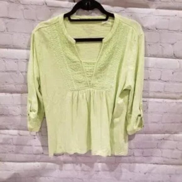 CHICO'S size 2 lime green blouse with roll tab sleeves and beaded bodice - Picture 1 of 4